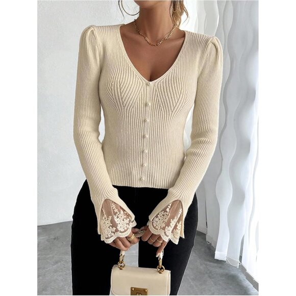 Women's V Neck Lace Sweater Long Sleeve Pearl Beaded Rib Knit Top - Picture 4 of 6